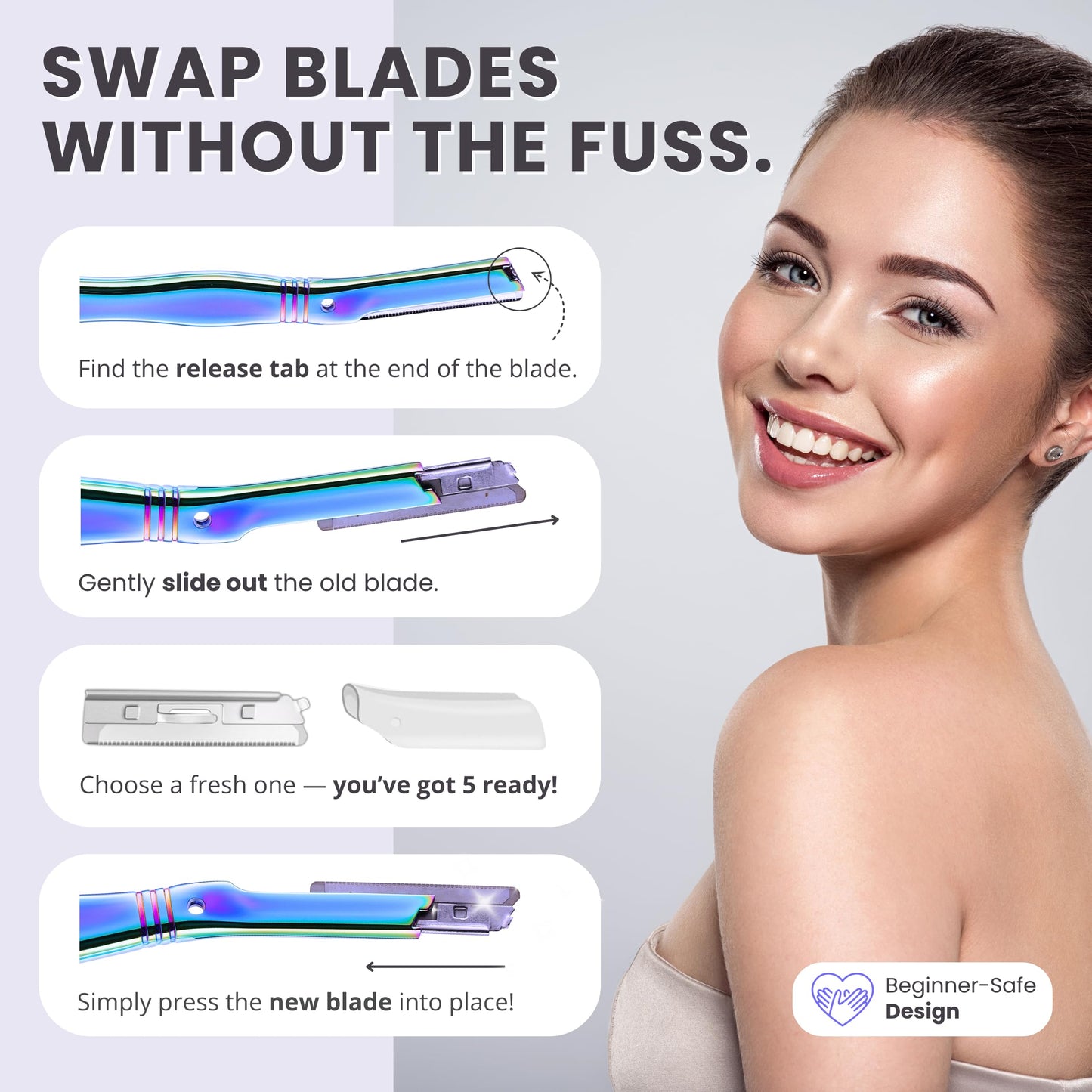 Jungle Culture Dermaplaning Tool - Facial Razor for Women with 5 Refill Blades - Reusable Eyebrow Shaper & Exfoliator - Rainbow Beauty and Personal Care Jungle Culture