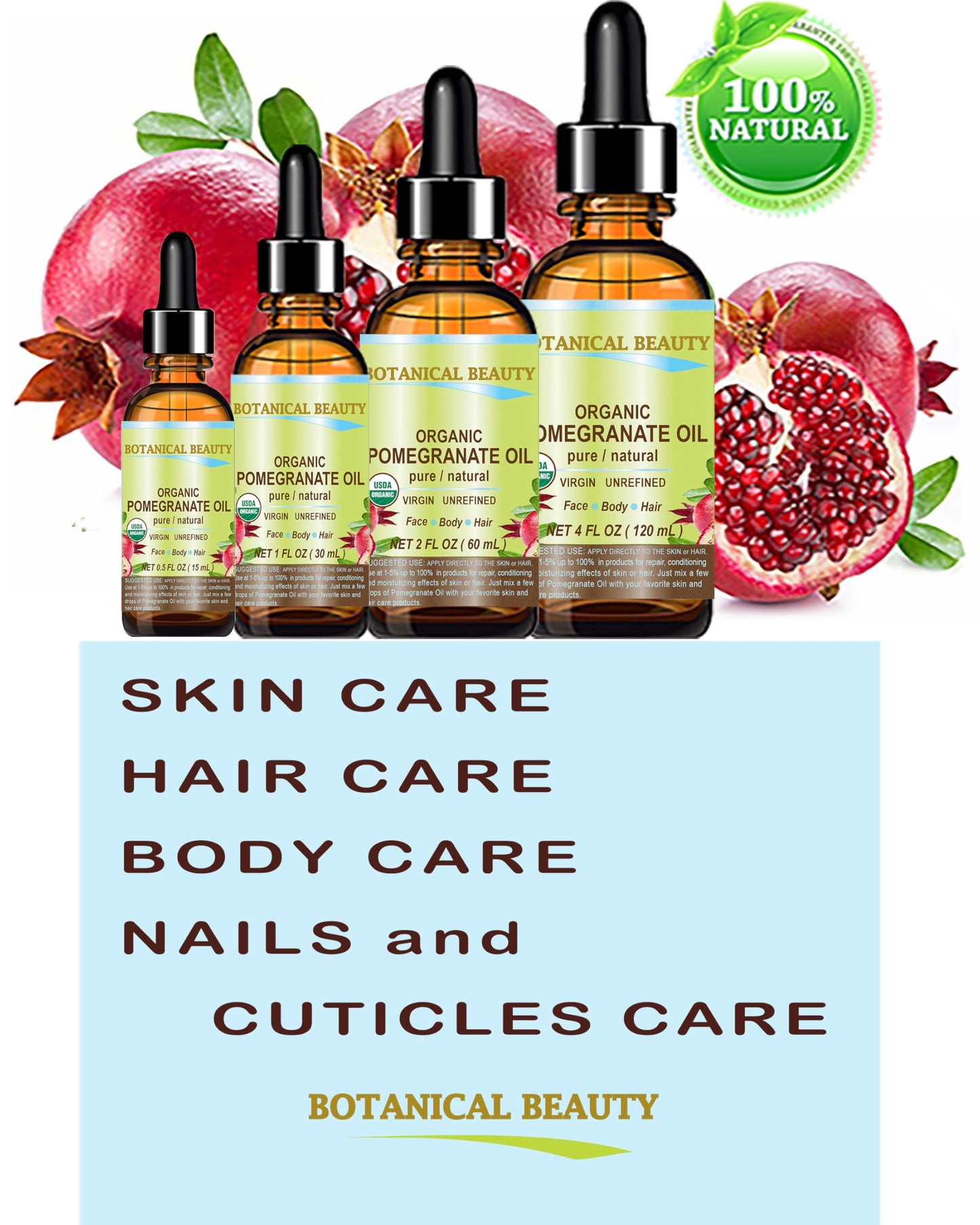 Botanical Beauty Organic POMEGRANATE OIL 100% Pure Natural Virgin Unrefined Cold-Pressed Carrier Oil 0.5 Fl oz 15 ml for Face, Skin, Body, Hair, Lip Beauty & Personal Care Botanical Beauty