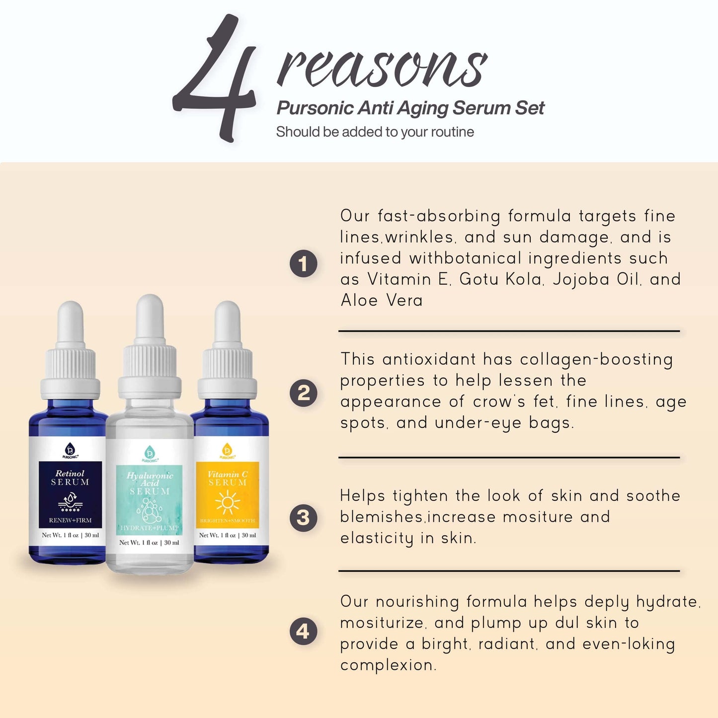 PURSONIC Anti Aging Skin Care Set of 3 - Hyaluronic Acid Serum, Retinol Serum & Vitamin C Face Serum for Women - Nourishing Hydrating Serum for Face Beauty & Personal Care PURSONIC