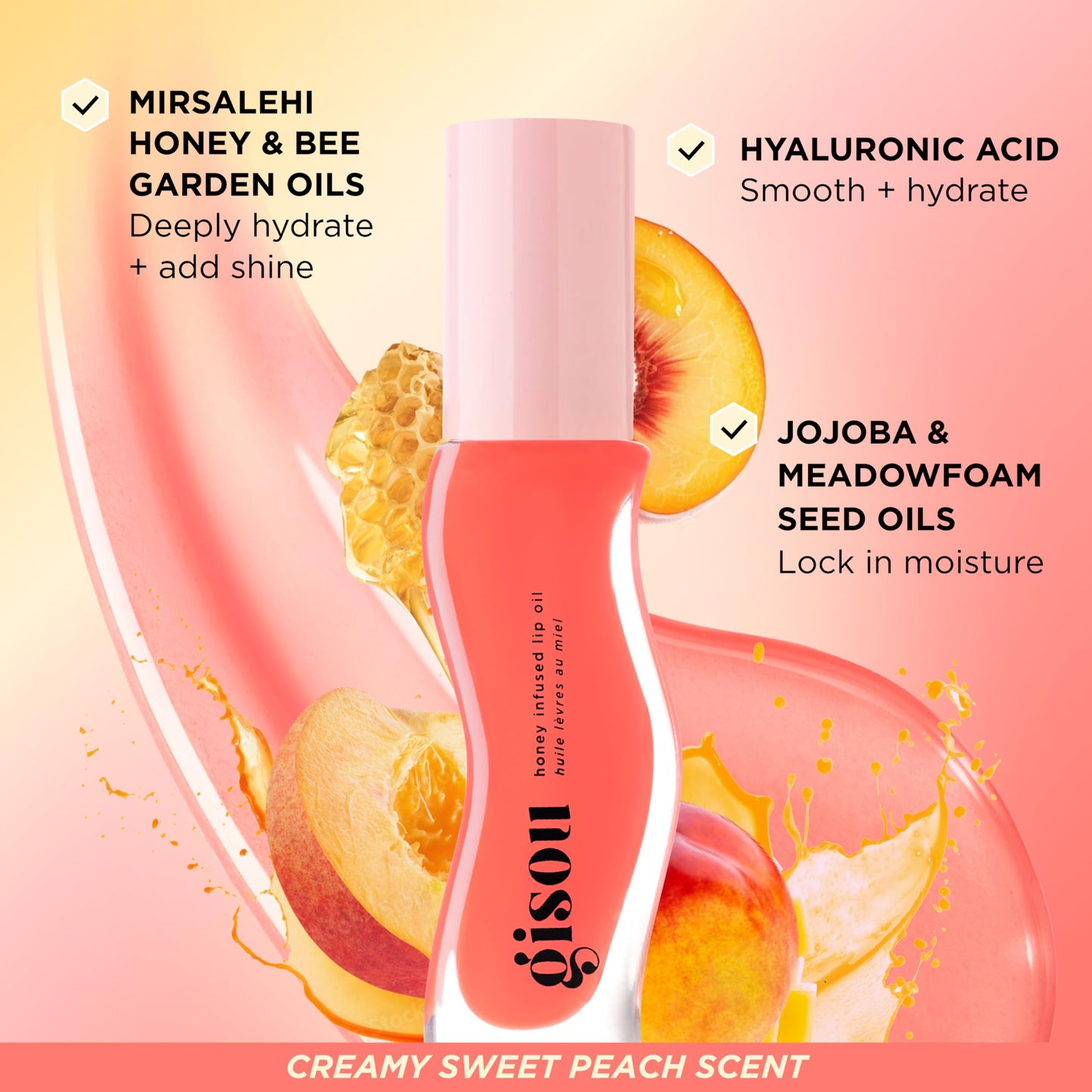 Gisou Honey Infused Lip Oil - Hydrating & Glossy Lip Oil with Mirsalehi Honey & Jojoba Seed Oil, Non-Sticky Shine, Bee-lini Peach, 0.27 Fl Oz Beauty and Personal Care Gisou