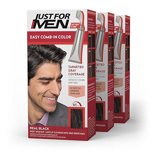 Just For Men Easy Comb-In Color Mens Hair Dye, Easy No Mix Application with Comb Applicator - Real Black, A-55, Pack of 3 Beauty & Personal Care Just for Men