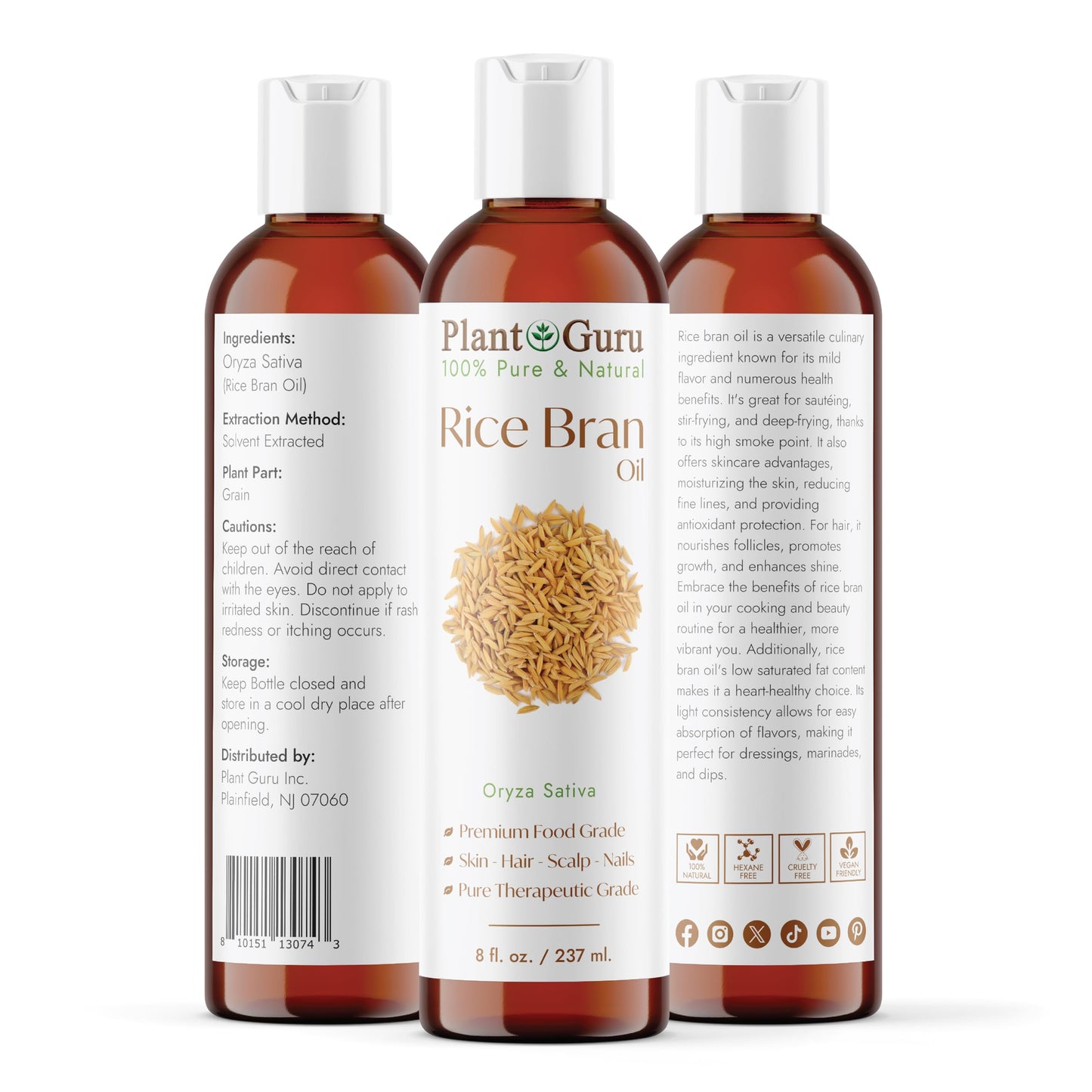 Plant Guru Rice Bran Oil 8 fl. oz. - 100% Pure & Natural Carrier Oil for Skin, Face, Body, and Hair Moisturizing. Great for DIY Creams, Lotions Beauty & Personal Care Plant Guru