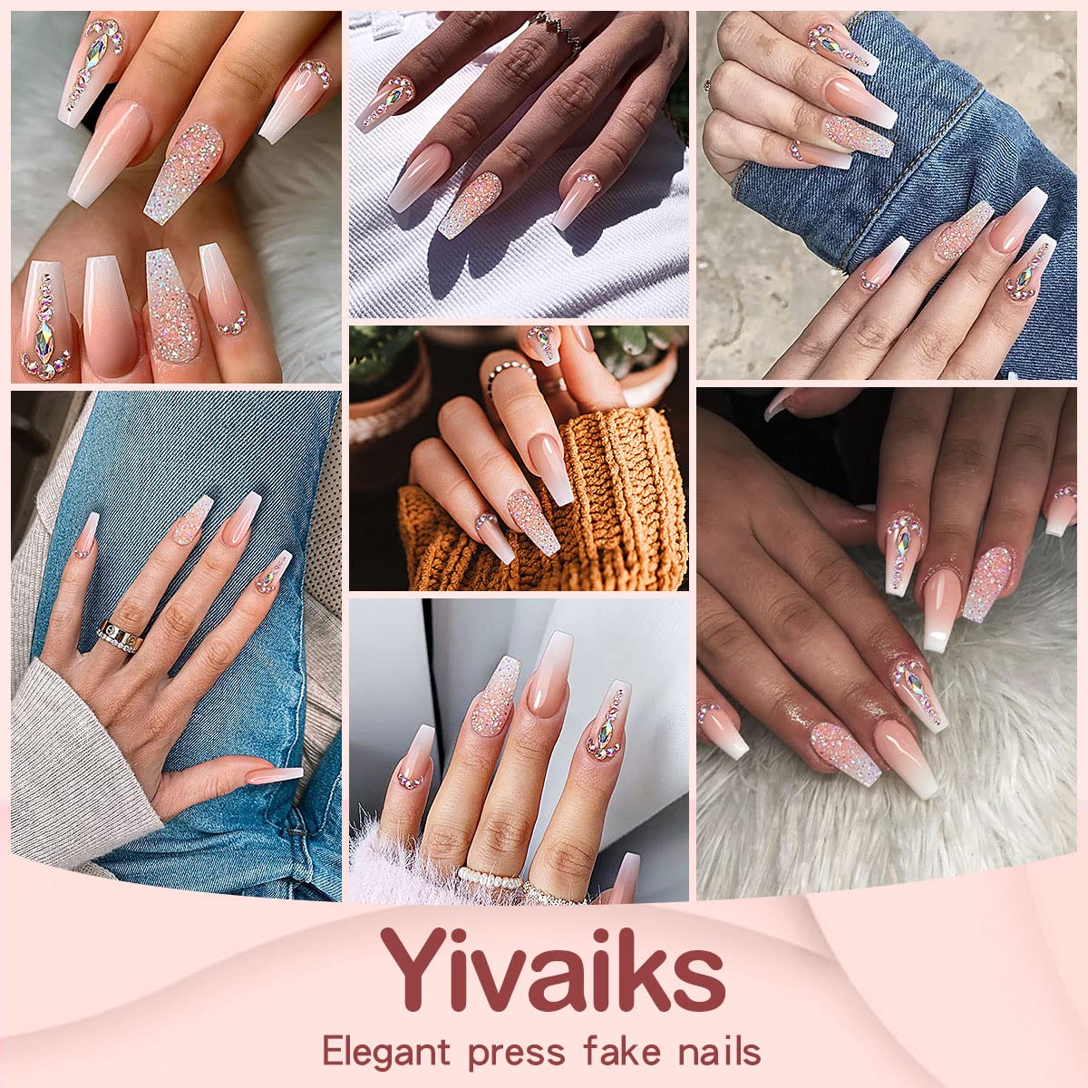 Yivaiks 24 Pcs Advanced Hand Made Customization Press on Nails, Luxurious Rhinestone Design Ballerina Fake Nails?Perfect Accessory for Banquets Beauty & Personal Care Yivaiks