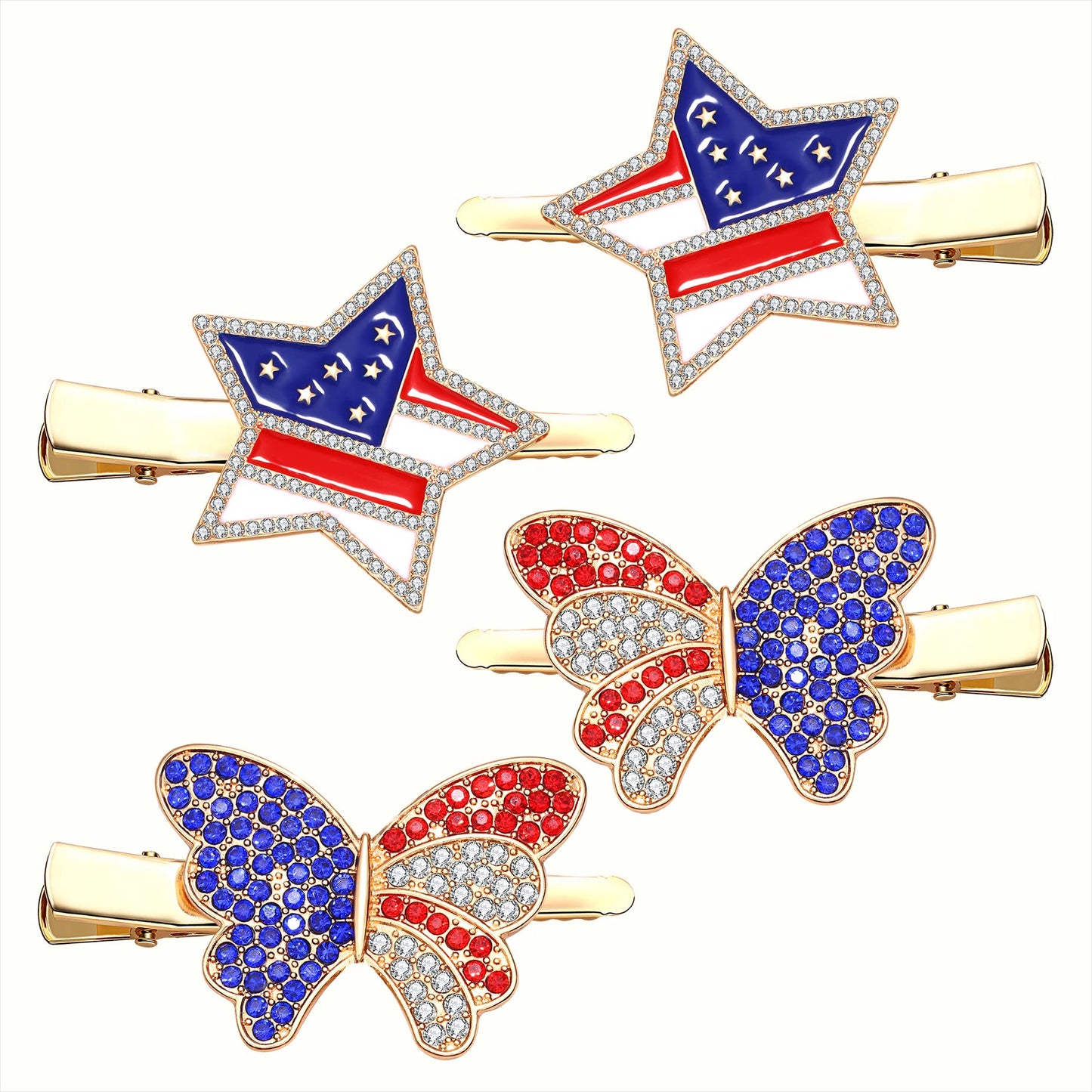4th of July Patriotic Hair Clips Rhinestone American Flag Star Heart Bows Alligator Metal Clips Crystal Red White and Blue USA Independence Day Beauty & Personal Care BVGA