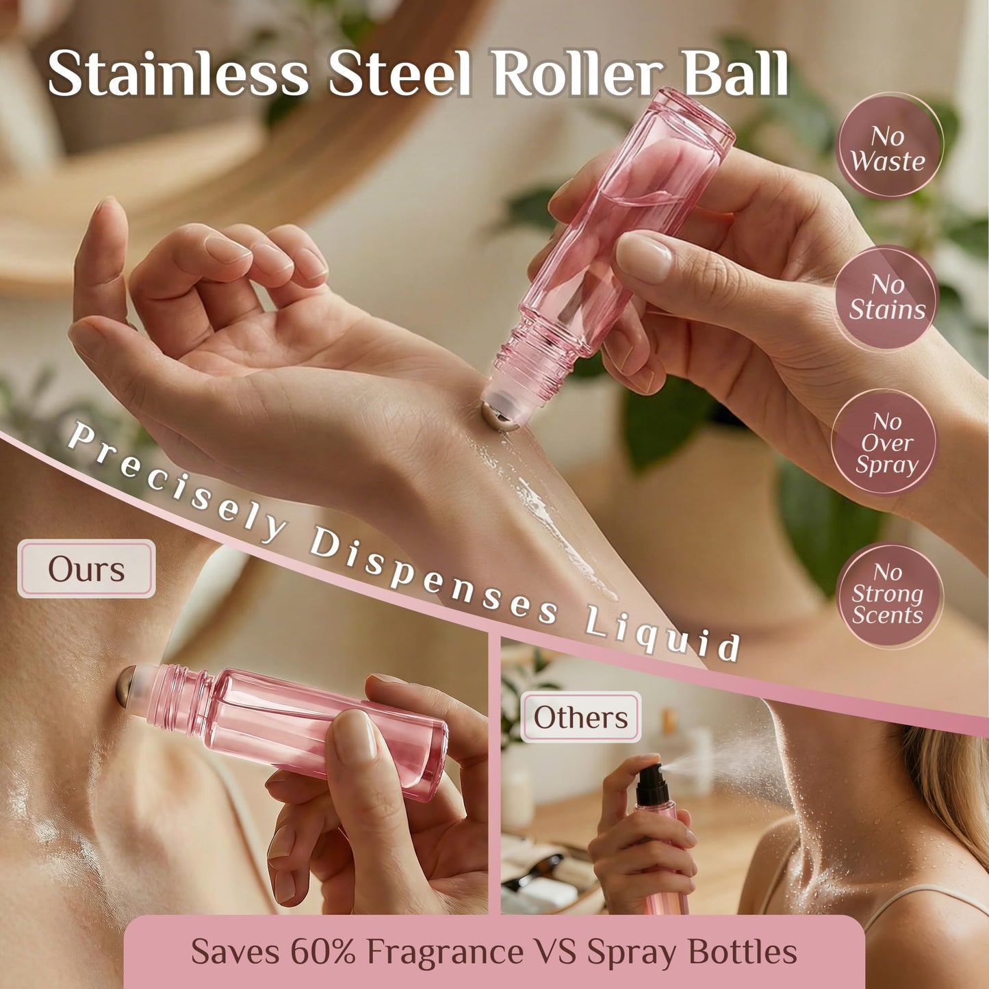 PrettyCare 24 Pack, 10 ml Essential Oil Roller Bottles with Stainless Steel Roller Ball - Refillable Leak-proof Empty Thick Pink Glass Roll on Bottles Beauty and Personal Care PrettyCare