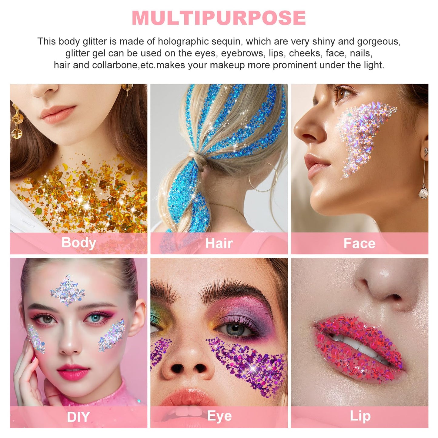 Pink Body Glitter Gel for Face, Hair and Makeup - Festival Rave Chunky Sparkling Halloween Glitter for Women Beauty & Personal Care VPCRT6