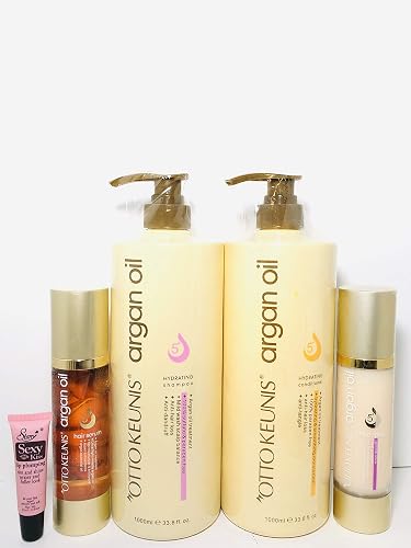 OTTO KEUNIS argan oil 5+ Hydrating shampoo 33.8oz, Conditioner 33.8oz., Hair serum 3.38 oz., Shine Spray 3.38 oz "Free Starry Sexy Kiss Lip Plumping Beauty & Personal Care OTTO KEUNIS