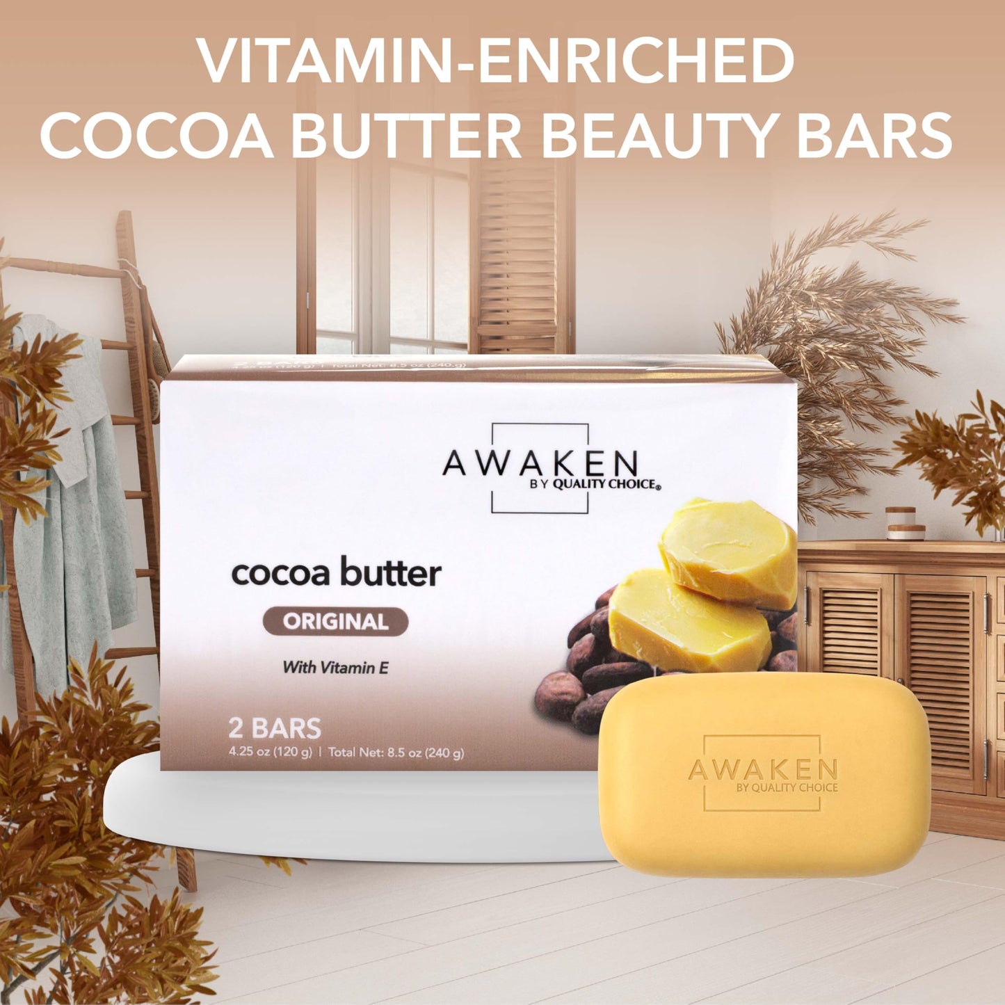 Awaken Cocoa Butter Bar Soap with Vitamin E, Moisturizing Body and Face Cleanser, Gentle Daily Bath Soap with Rich Creamy Lather, Nourishing Skincare Beauty & Personal Care Awaken by Quality Choice