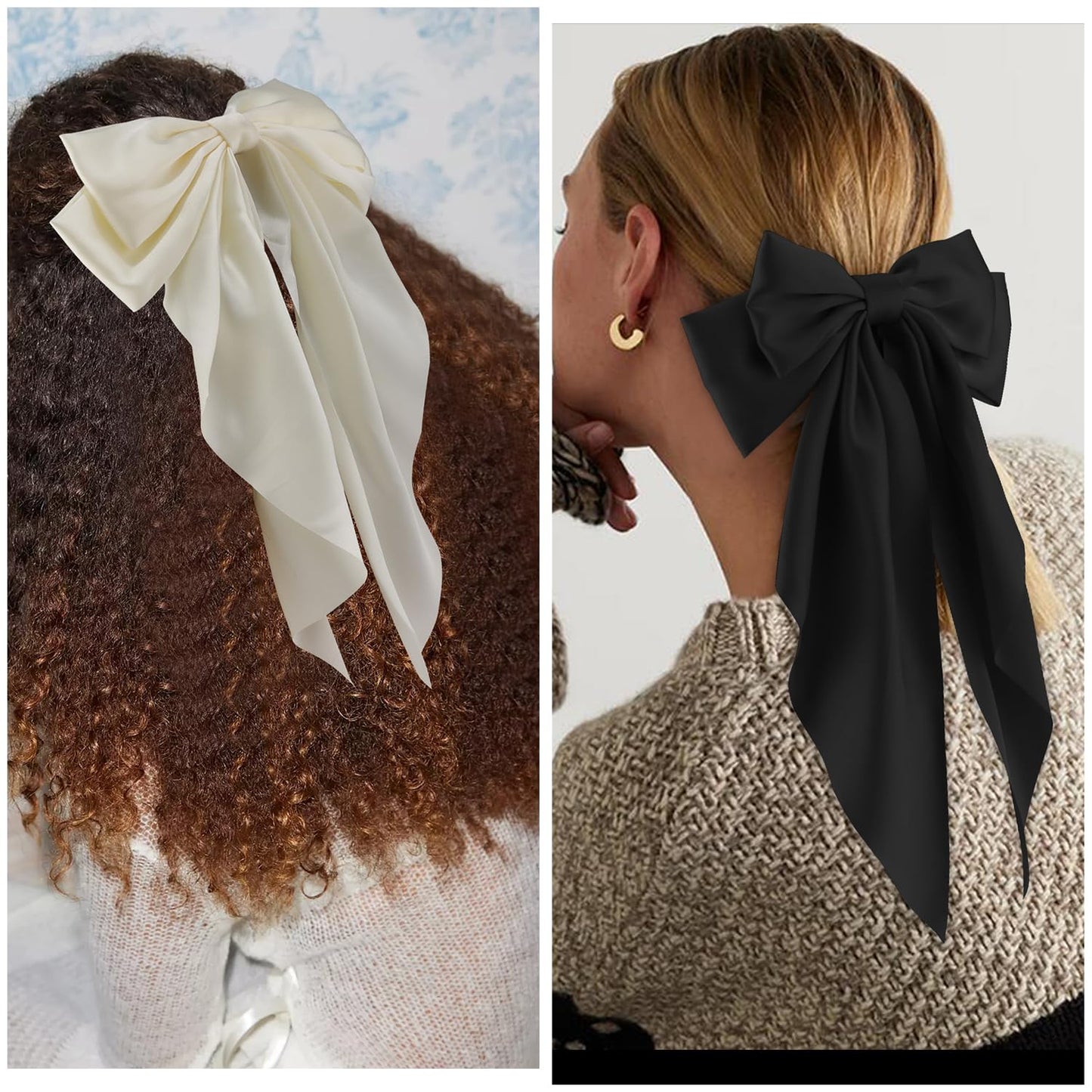 ATODEN Silky Satin Hair Bows 2Pcs Big Hair Bows for Women Hair Ribbons Oversized Long Tail White Hair Bow Black Hair Bow Large Hair Ribbon Barrettes Beauty & Personal Care Atoden