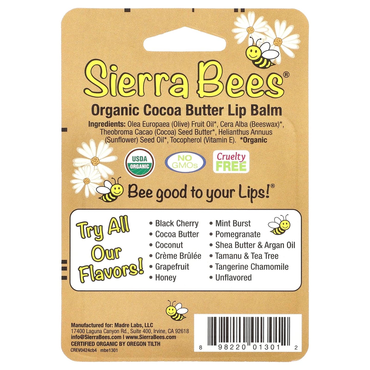 Sierra Bees Organic Lip Balms, Cocoa Butter, 4 Pack, 0.15 oz (4.25 g) Each Beauty and Personal Care Sierra Bees