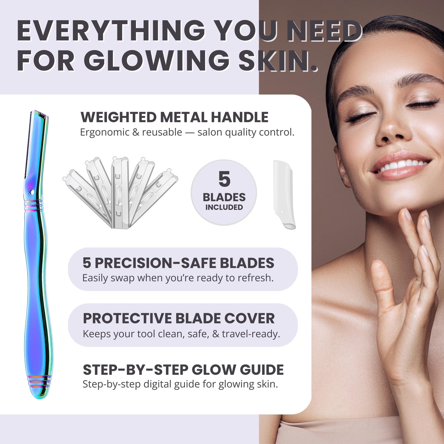 Jungle Culture Dermaplaning Tool - Facial Razor for Women with 5 Refill Blades - Reusable Eyebrow Shaper & Exfoliator - Rainbow Beauty and Personal Care Jungle Culture