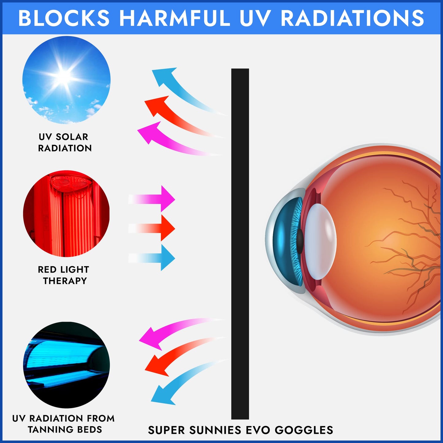 Super Sunnies Evo Flexible UV Eye Protection FDA Compliant, Tanning Bed Goggles, Red Light Therapy Glasses - Blue Beauty & Personal Care Super Sunnies