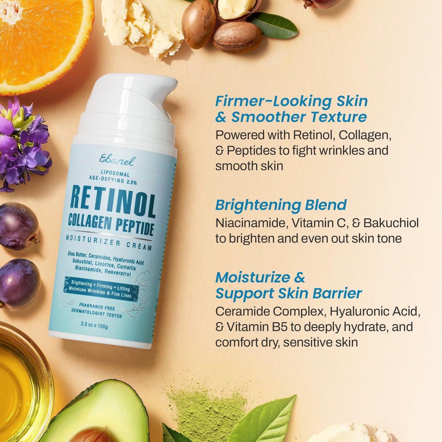 Ebanel Retinol Cream for Face 3.5 oz, Moisturizer with Collagen, Peptides, Ceramides, Hyaluronic Acid, Vitamin C & B5, Firming Anti Aging Face Cream Beauty & Personal Care Ebanel