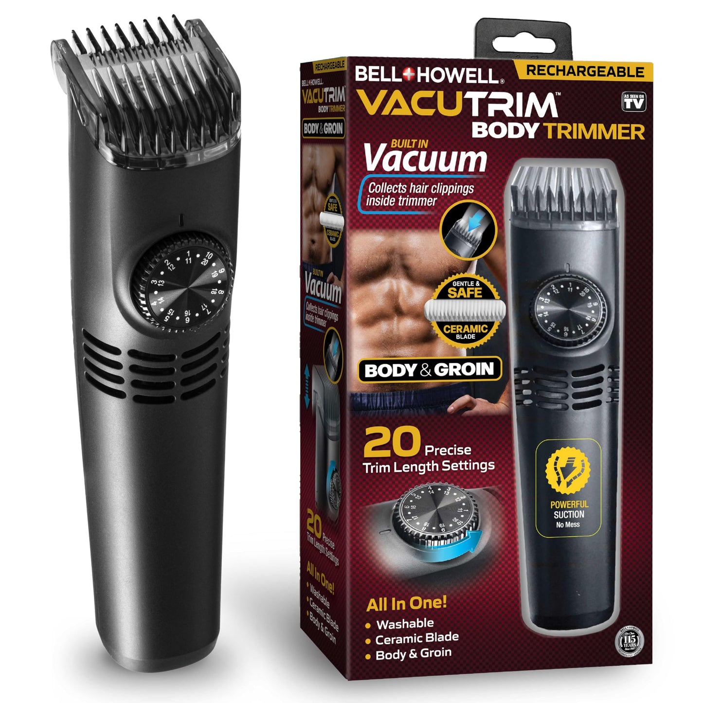 Vacutrim Cordless Body Shaver for Men, Rechargeable Grooming Tool with 20 Trim Settings, Integrated Vacuum System - Black, 7.5", As Seen On TV Beauty and Personal Care Bell+Howell