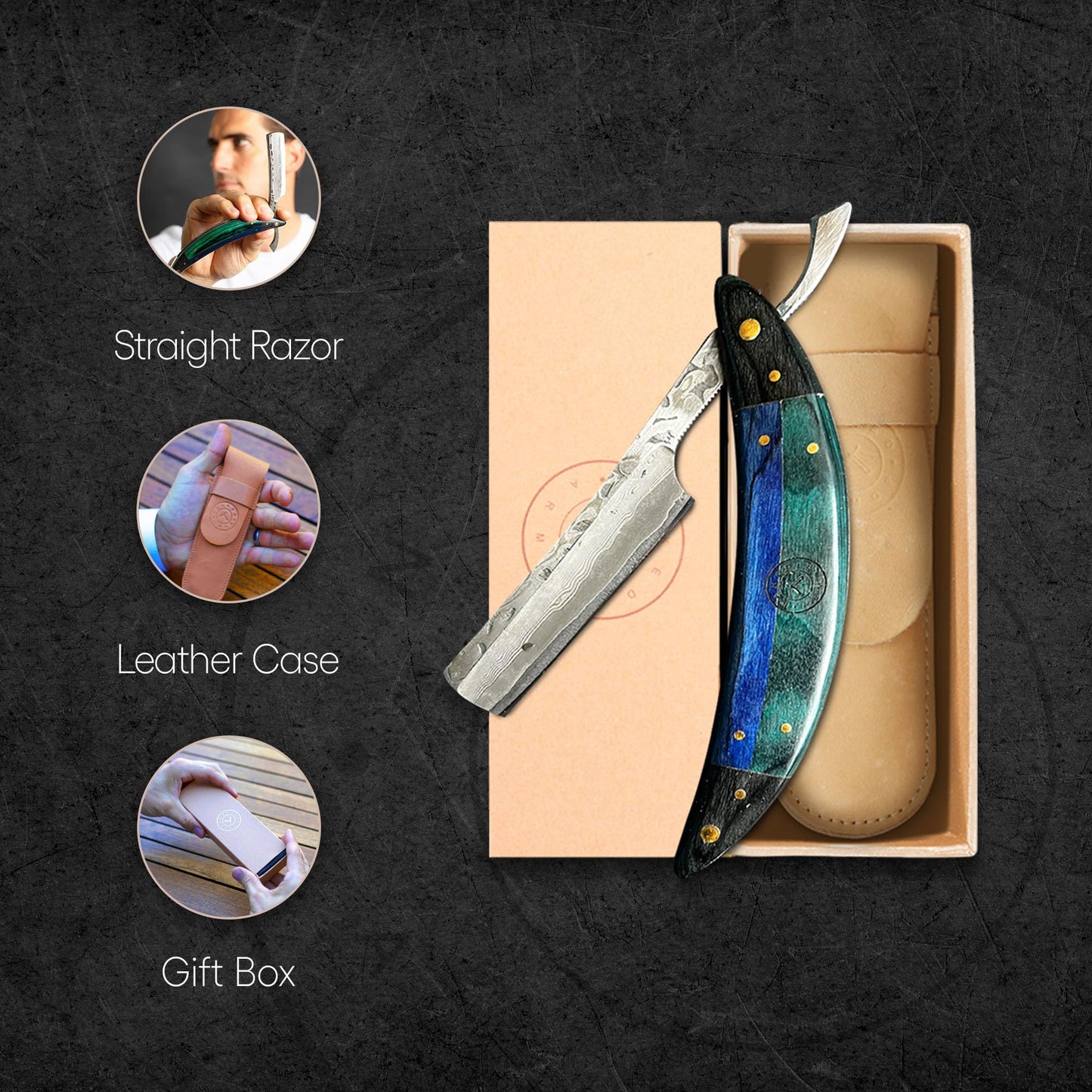 Naked Armor Esclabor Damascus Straight Razor - Shave Ready 7/8" Square Nose Damascus Steel Straight Razors for Men with Ebony Wood Scale, Case Beauty and Personal Care Naked Armor