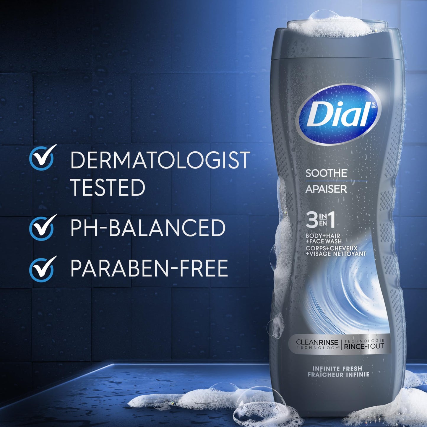 Dial Men 3 in 1 Body, Hair and Face Wash, Soothe, 16 Fl Oz, Pack of 4, Infinite Fresh Scent, Cleanses Deep + Gentle on Skin with Clean Rinse Beauty & Personal Care Dial