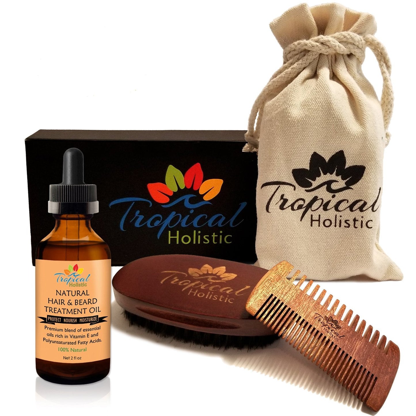 Tropical Holistic Natural Beard Grooming Kit for Men, 3-in-1 Set, Boar Bristle Brush, Handmade Wood Comb, 100% Pure Unscented Hair Treatment Oil 2 oz Beauty and Personal Care Tropical Holistic