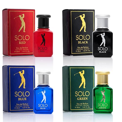 NovoGlow Solo 4-Piece Mini Fragrance Set for Men EDP - Solo Red, Blue, Black & Green - Combination of Woody, Citrus & Spicy Scents - Suitable For All Beauty & Personal Care NovoGlow