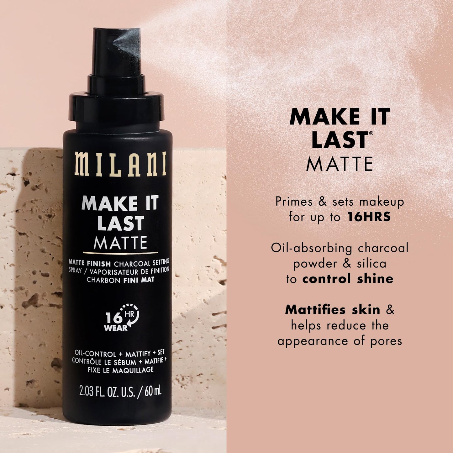 Milani Setting Spray + Primer, Make It Last Matte- Oil Absorbing Charcoal Formula to Control Shine, Matte Finish Setting Spray for Makeup and Primer Beauty & Personal Care Milani