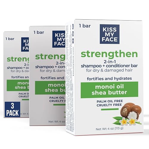 Kiss My Face Strengthen 2-in-1 Shampoo and Conditioner Bar, With Monoi Oil and Shea Butter, Fortifies and Hydrates, For Dry and Damaged Hair, Cruelty Beauty & Personal Care Kiss My Face