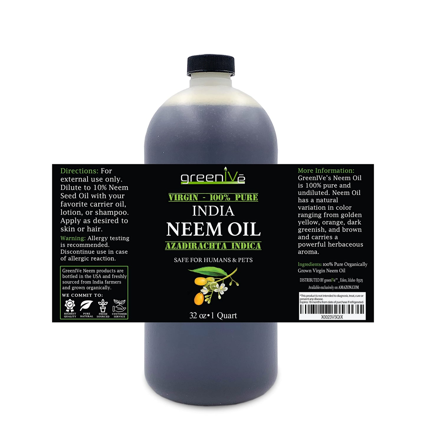 GreenIVe 100% Organically Grown Neem Oil, Cold-Pressed Virgin, Pure & Natural, 32 oz - Ideal for Gardening, Skin Care, Hair Care & Pet Care Beauty & Personal Care GreenIVe