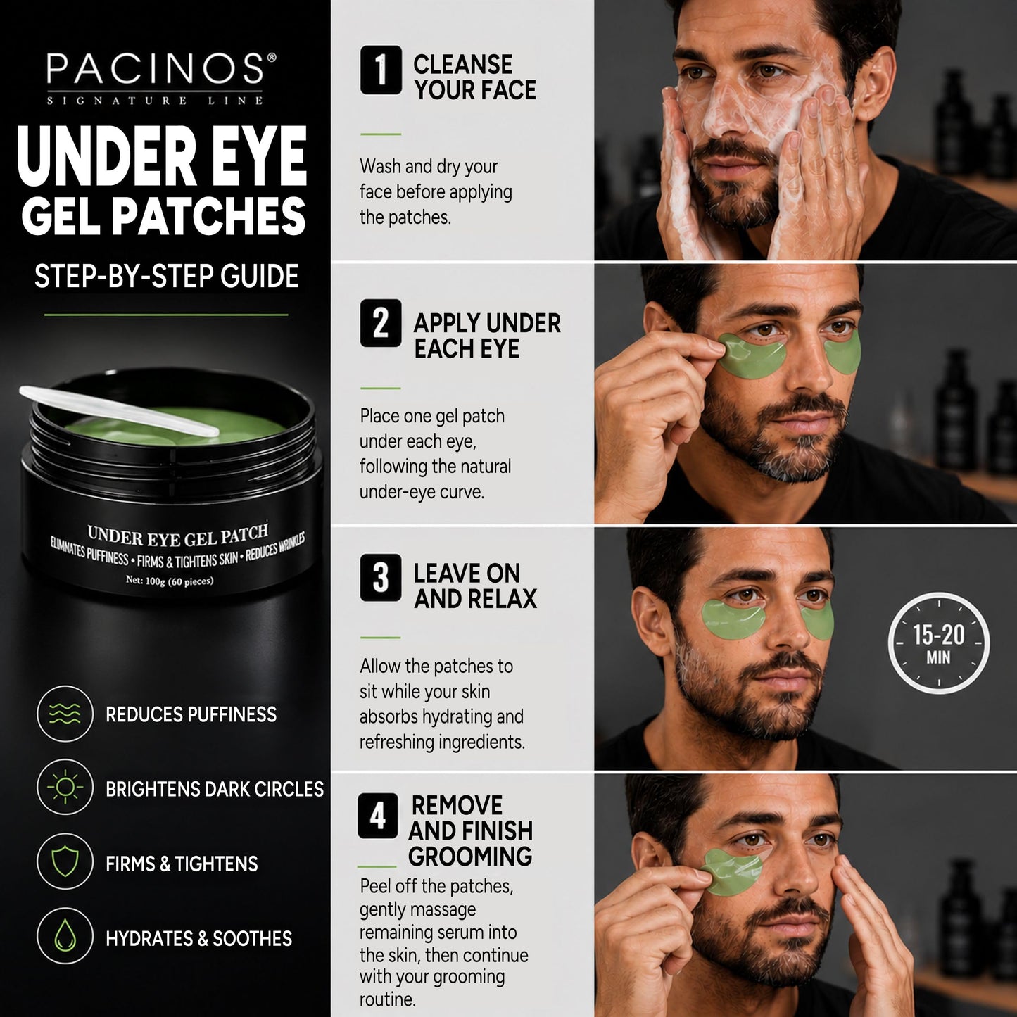 Pacinos Under Eye Gel Patches - Eliminates Puffiness, Smoothes Wrinkles, Brightens Under Eye Darkness - Firms & Tightens Skin with Vitamin E & B5 Beauty & Personal Care Pacinos