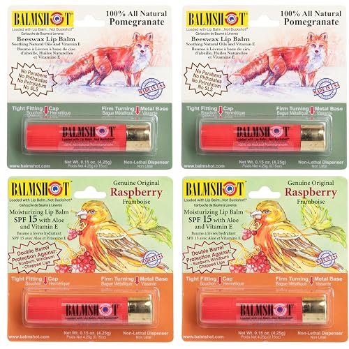 BALMSHOT Lip Balm 4-Pack - Fruit Combo Variety Pack - (2) Pomegranate & (2) Raspberry - SPF 15 Beeswax Formula - 20-Gauge Brass Shotgun Shell Tube Beauty & Personal Care Balmshot