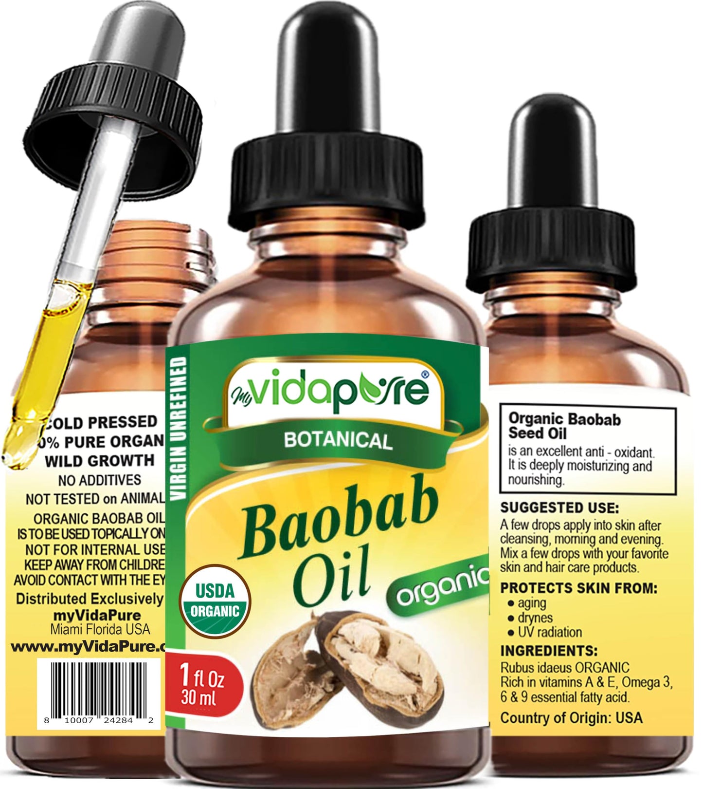 MYVIDAPURE Organic BAOBAB OIL Certified Organic 100% Natural Pure VIRGIN UNREFINED for Skin, Face, Hair, Lip and Nail Care (1 Fl Oz) Beauty & Personal Care MYVIDAPURE