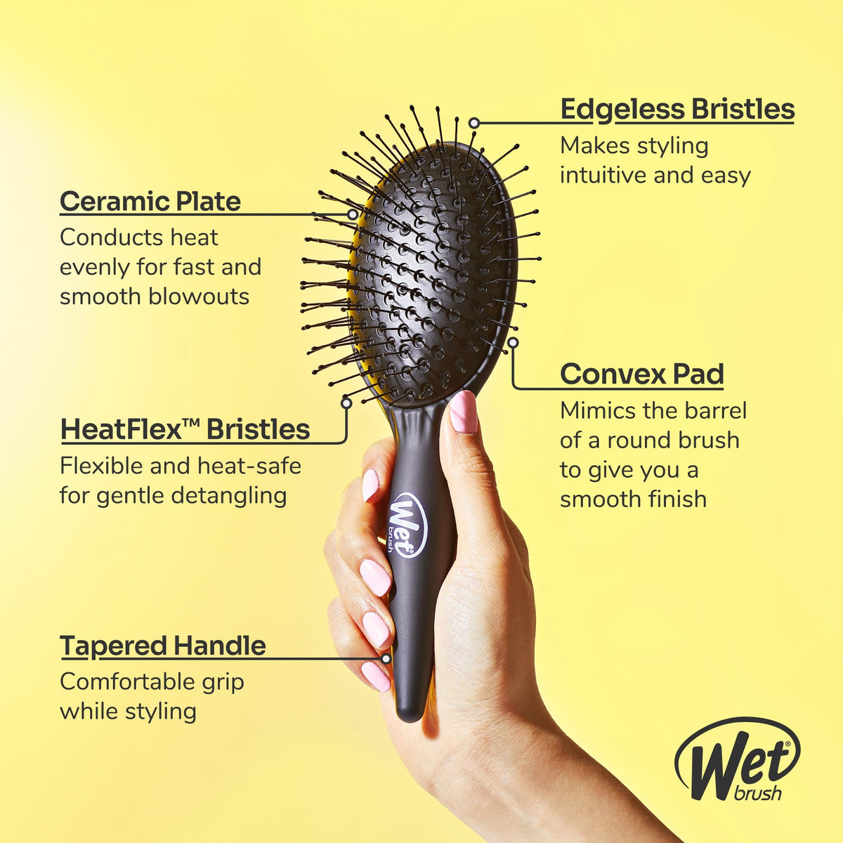 Wet Brush Easy Blowout Detangling Hair Brush, Black, Edgeless HeatFlex Bristles for Blow Dry, Ergonomic Soft-Touch Handle, Maximum Volume, Ceramic