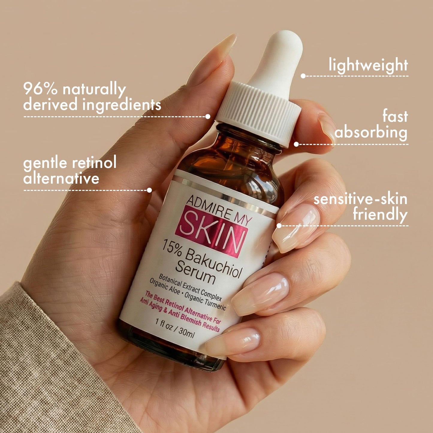 Admire My Skin 15% Bakuchiol Serum Natural Retinol Serum Alternative for Face - Anti Blemish Anti Aging Facial Serum With Organic Aloe + Turmeric 1oz Beauty & Personal Care Admire My Skin