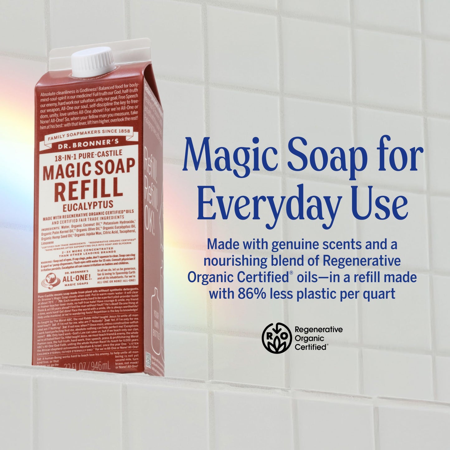 Dr. Bronner's Magic Soap-Pure-Castile Liquid Refill (Eucalyptus, 32 ounce, 1-Pack) - Regenerative Organic Certified Oils, For Body, Hair, Laundry Beauty & Personal Care Dr. Bronner's