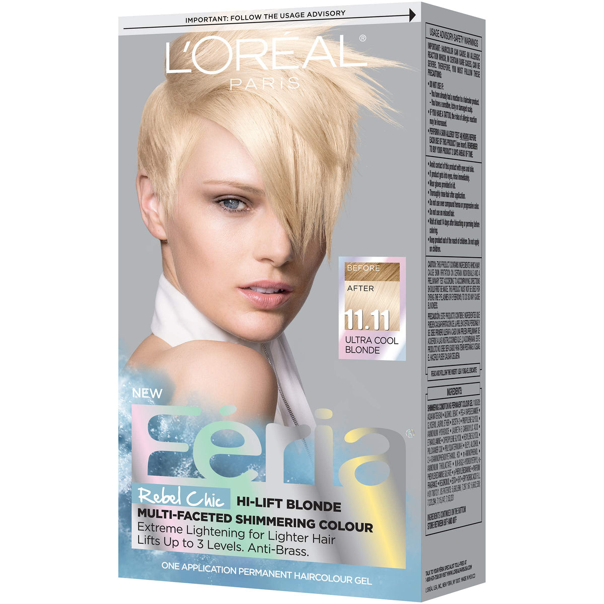 L'Oreal Paris Feria Multi-Faceted Shimmering Permanent Hair Color, 11.11 Icy Blonde (Ultra Cool Blonde), Pack of 1, Hair Dye