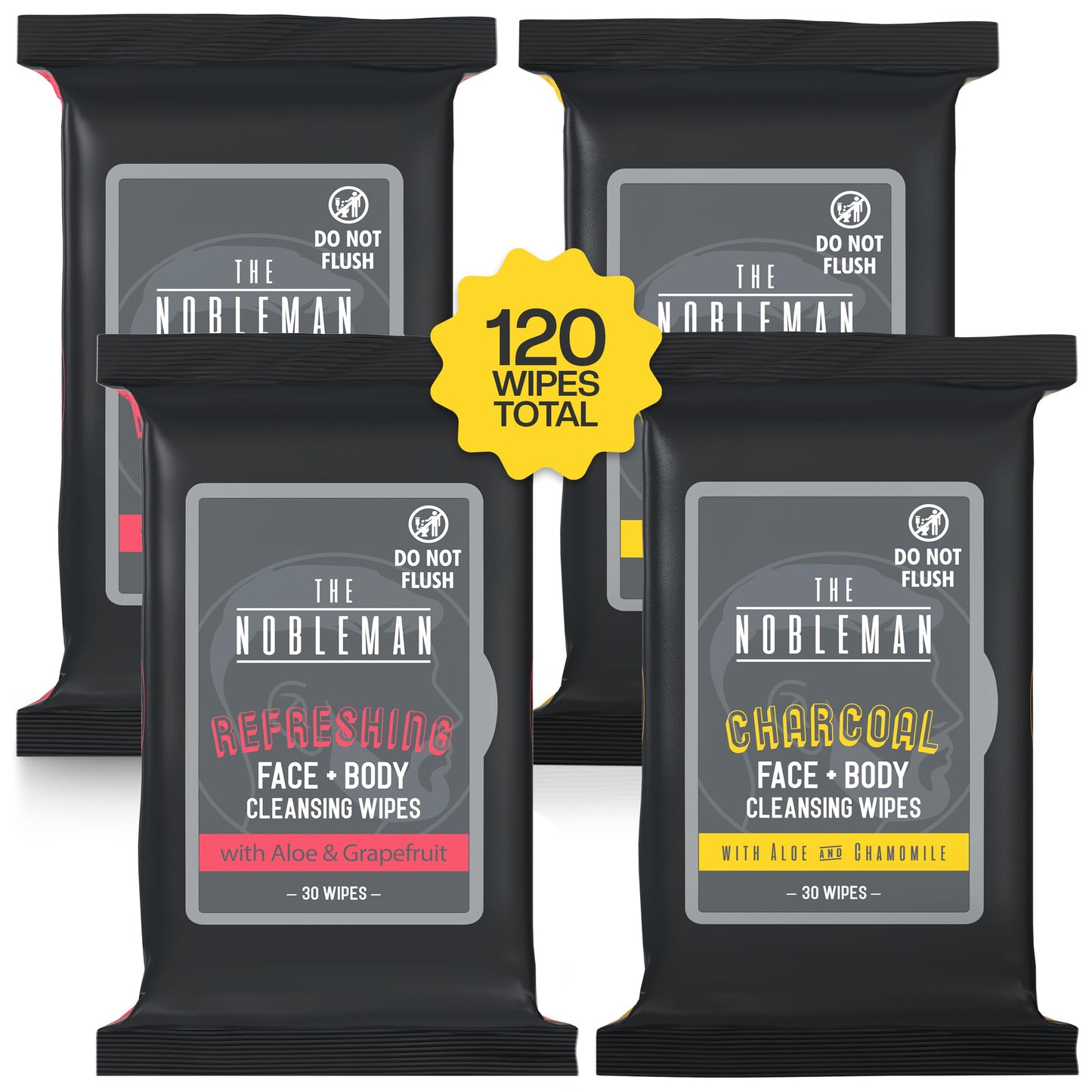 The Nobleman 4-Pack Face + Body Aloe Infused Cleansing Wipes: 2 Charcoal Packs with Chamomile and 2 Refreshing Packs with Grapefruit (120 Ct.) Beauty & Personal Care The Nobleman