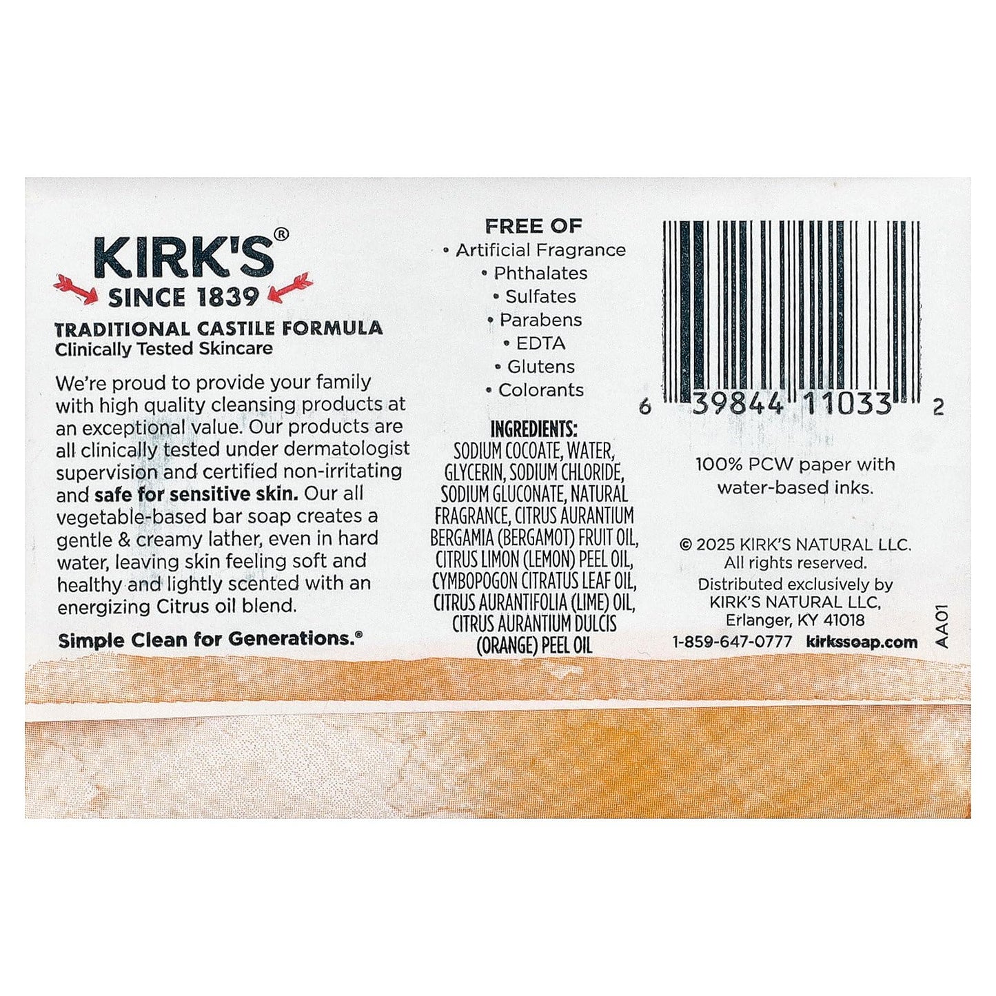 Kirk's 100% Premium Coconut Oil Castile Bar Soap, Citrus Twist, 4 oz (113 g) Beauty & Personal Care Kirk's