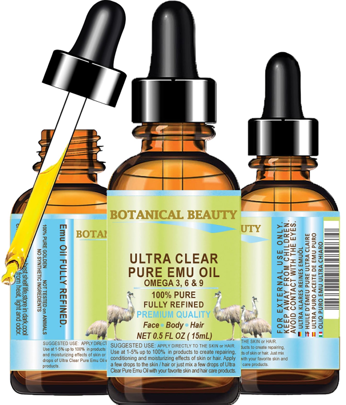 Botanical Beauty PURE EMU OIL ULTRA CLEAR 100% Natural REFINED for FACE, SKIN, BODY, HANDS, FEET, NAILS, HAIR, LIP CARE 0.5 Fl. oz. - 15 ml Beauty & Personal Care Botanical Beauty