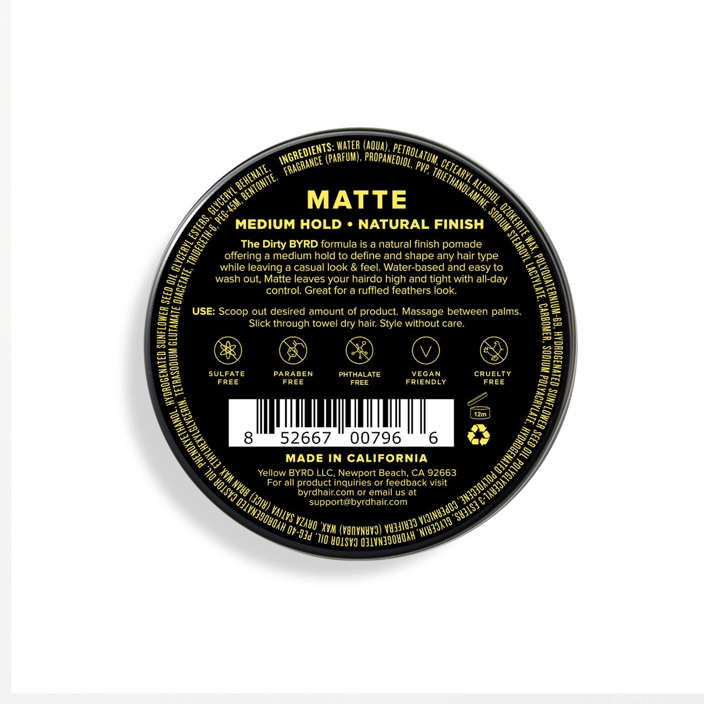 BYRD Hair Matte Pomade - Medium Hold, No Sheen, For All Hair Types, Mineral Oil Free, Paraben Free, Phthalate Free, Sulfate Free, Cruelty Free, Water Beauty & Personal Care BYRD Hairdo Products