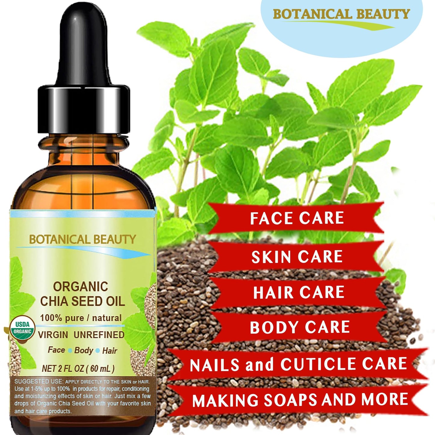Botanical Beauty Organic CHIA SEED OIL 100% Pure Natural Virgin Unrefined Cold-Pressed Carrier Oil for Face, Skin, Body, Hair, Lip, Nails. Rich in Beauty & Personal Care Botanical Beauty