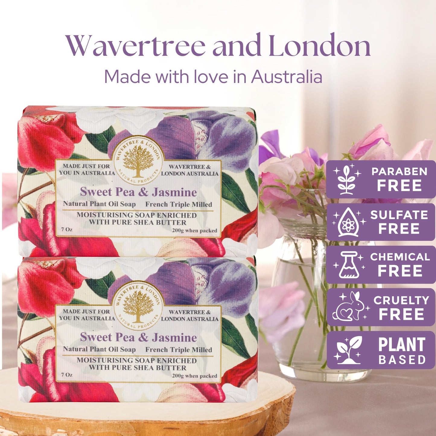 Wavertree & London Sweet Pea & Jasmine Scented Natural Soap (2 Bars), 7oz Moisturizing French Triple Milled Soap Bars enriched with shea butter - Pure Beauty & Personal Care Wavertree & London