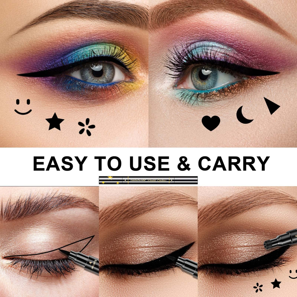 SUMEITANG 6 Pcs Double-headed Eyeliner Stamps Set Black Liquid Eye Liner Pen With Star,Moon,Heart,Flower,Smiley,Triangle Stamp Stencils Shapes Beauty & Personal Care SUMEITANG