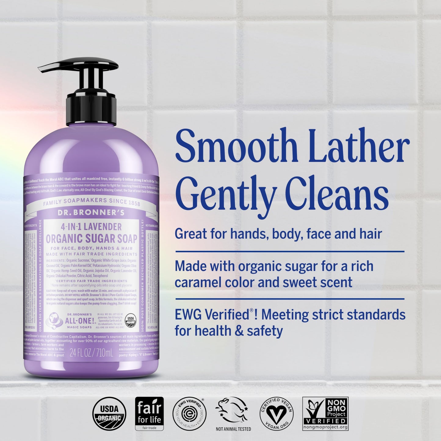 Dr. Bronner's Organic Sugar Soap (Lavender, 64 Ounce)- Made with Organic Oils, Sugar & Shikakai Powder, 4-in-1 Uses: Hand and Body Wash, Face, Hair Beauty and Personal Care Dr. Bronner's