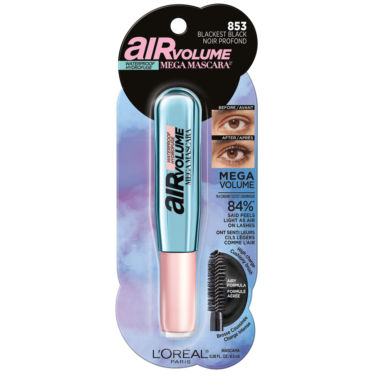 L'Oreal Paris Makeup Air Volume Mega Mascara, Lightweight & Long-lasting Volumizing Mascara for Voluminous Eyelashes, Waterproof Blackest Black, 0.3