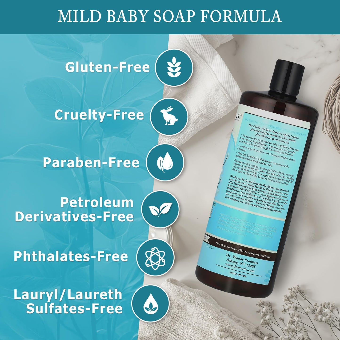 Dr. Woods Unscented Baby Mild Liquid Castile Soap - Gentle Cleanser with Organic Shea Butter, Natural Soap for Sensitive Skin - Paraben, Sulfate, Beauty & Personal Care Dr. Woods
