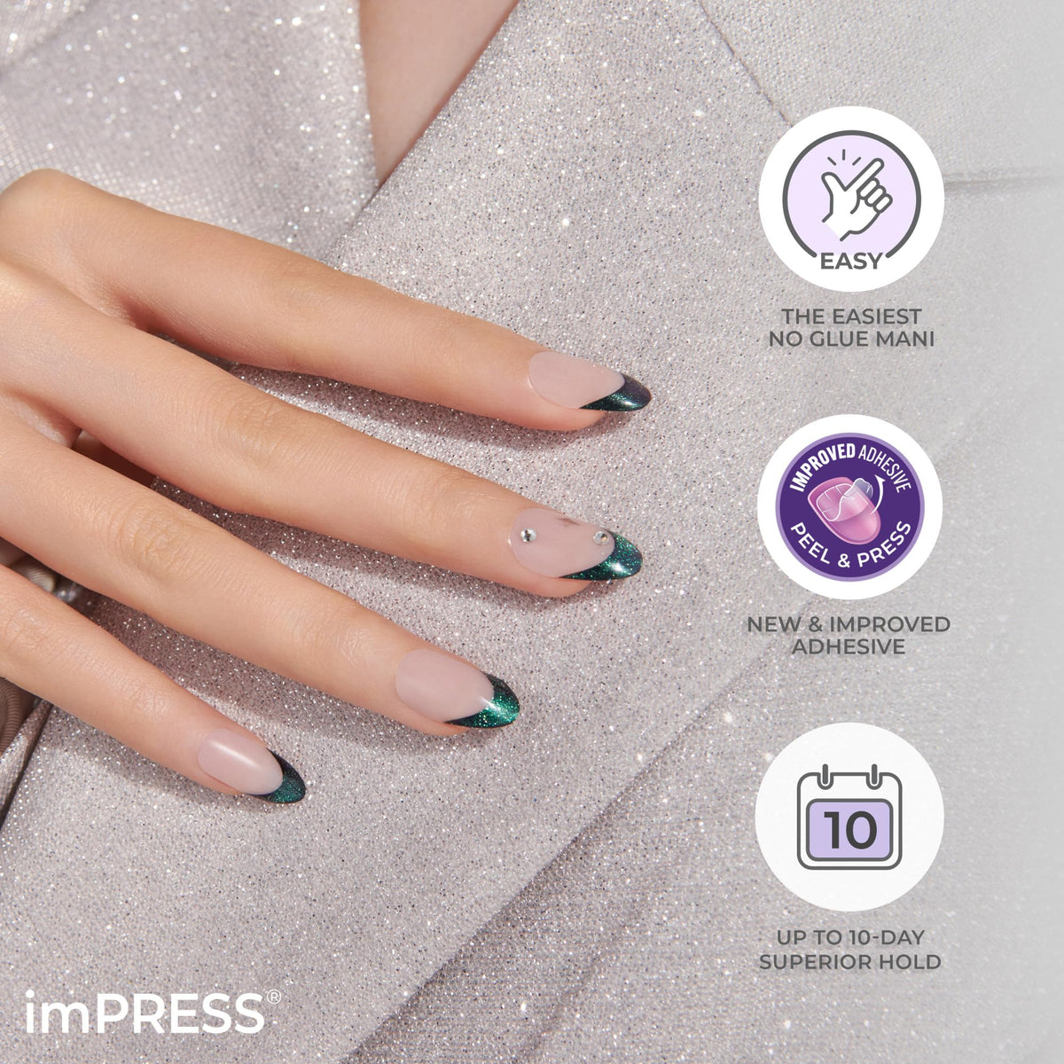 KISS imPRESS Press-On Manicure Premium Collection Fake Nails - Legacy, Gray, V-Cut Stone, Medium & Ballerina/Coffin Shape, Easy To Apply, Super Hold