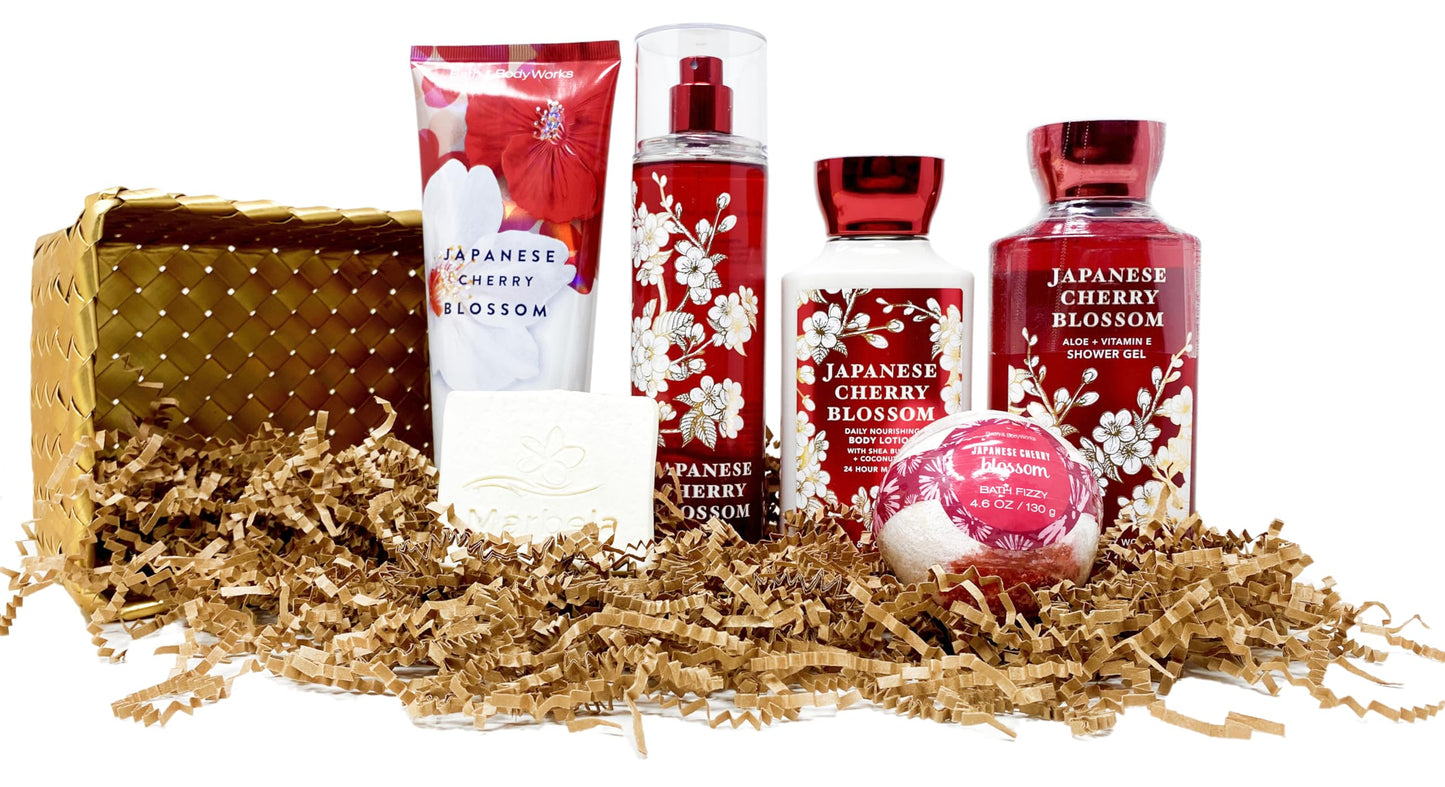 Bath & Body Works Japanese Cherry Blossom - Gold Woven Basket 5 Piece Gift Set - Fine Fragrance Mist, Body Cream, Shower Gel, Body Lotion and Bath Beauty and Personal Care Bath & Body Works