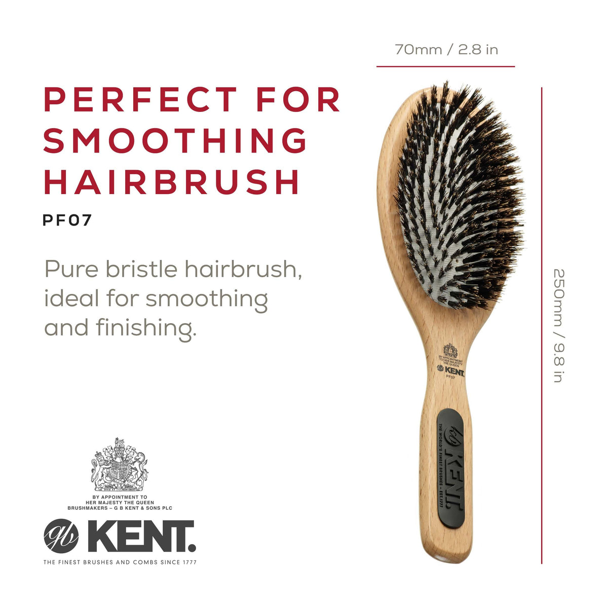 Kent PF07 Extra-Large 100% Boar Bristle and Non-Scratch Nylon Mix Cushion Brush - Wooden Detangling and Oval Smoothing Paddle Brush for Thin Hair -