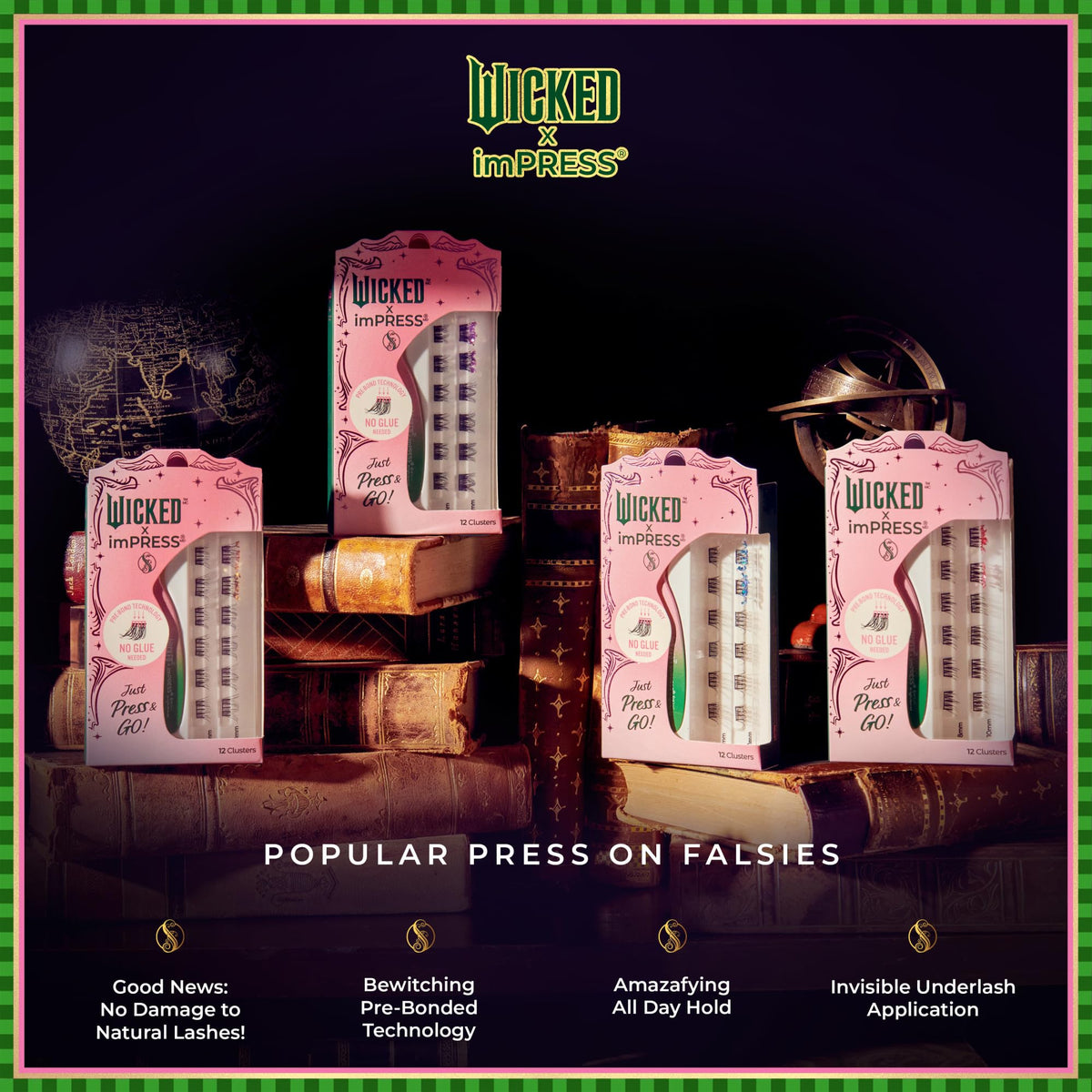 WICKED X imPRESS Press On Self Adhesive Eyelashes, ‘Welcome to OZ’, 8mm-10mm Natural Volume Press On Lashes, Pink Glitter, No Glue Needed, 12 Lash