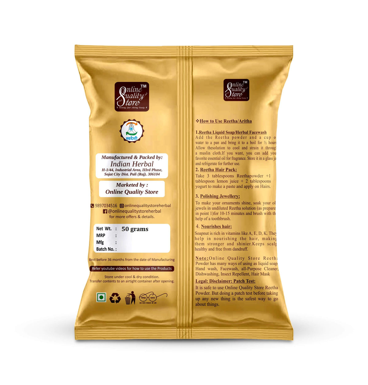 Online Quality Store Reetha + Amla + Shikakai + Bhringraj + Hibiscus + Mehandi + free Indigo Powder For Hairs, 350g