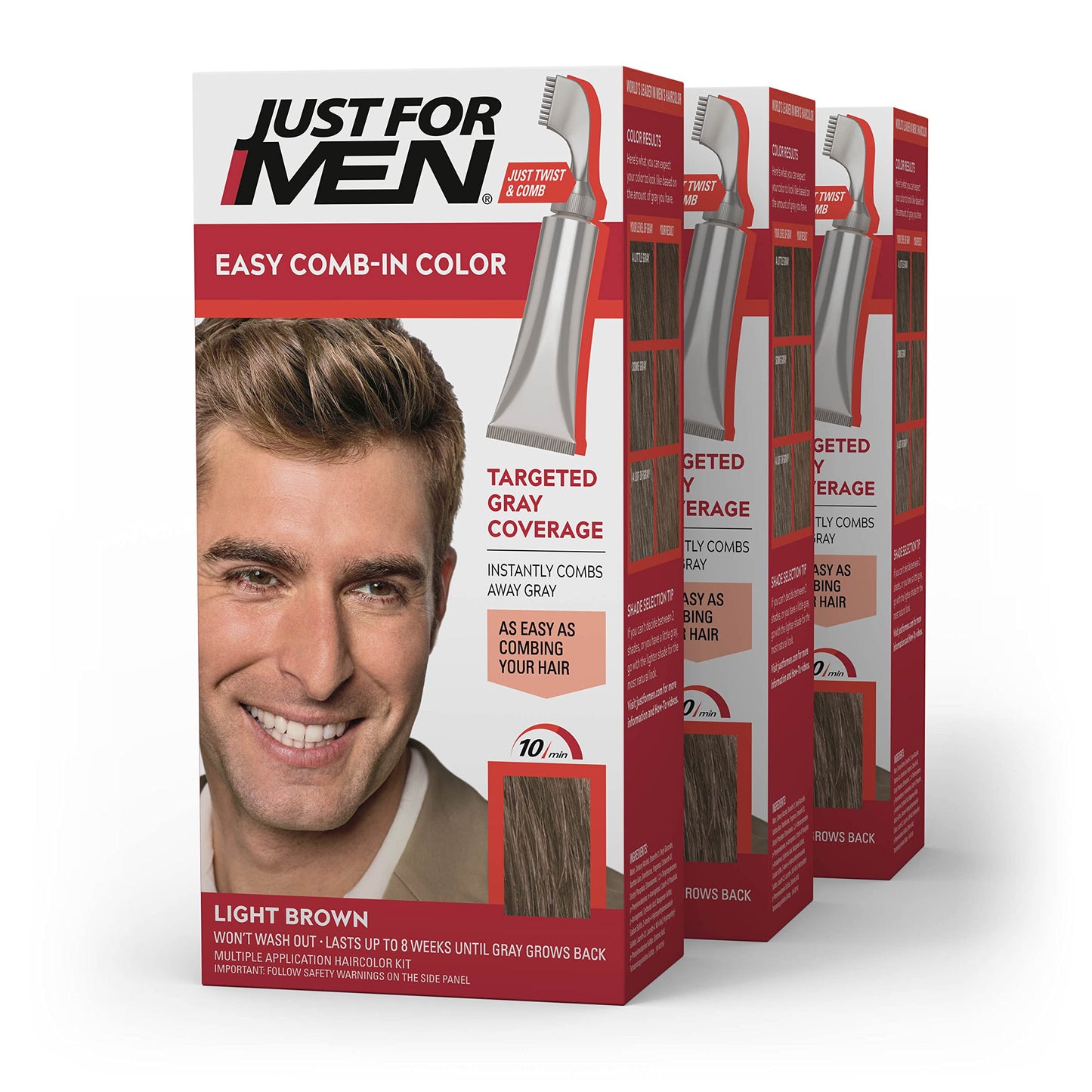 Just For Men Easy Comb-In Color Mens Hair Dye, Easy No Mix Application with Comb Applicator - Light Brown, A-25, Pack of 3 Beauty & Personal Care Just for Men