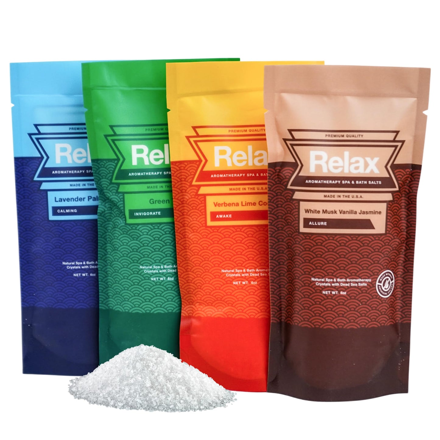Relax Spa & Bath Aromatherapy Variety Pack Bath Salts for Hot Tub, Bath, or Spa, Four 4oz Bags Infused with Magnesium, Bath Salt for Soaking, Escape Beauty and Personal Care Relax Spa & Bath