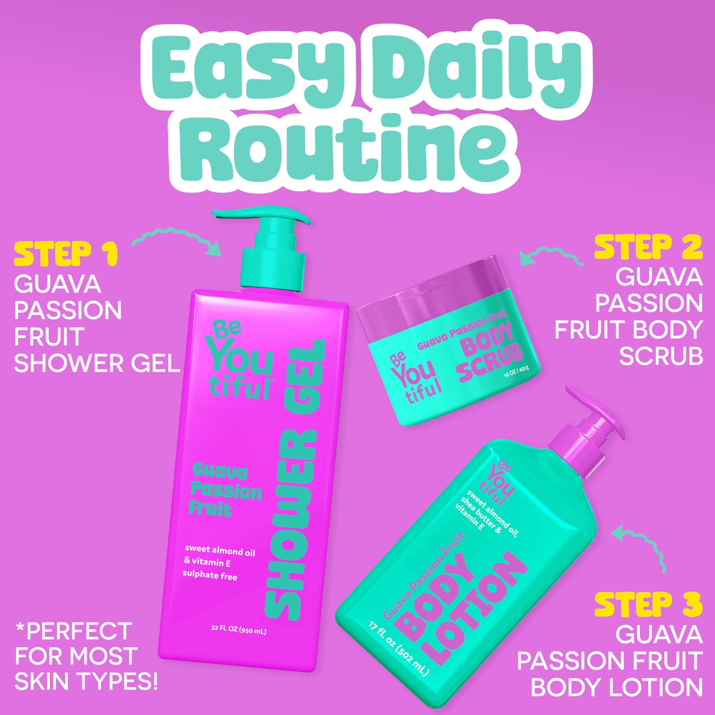 BeYoutiful Guava Passion Fruit Body Lotion for Dry Skin, Natural Cruelty-Free Hydrating Moisturizer for Kids & Teens with Sweet Almond Oil, 17 oz Beauty & Personal Care BeYoutiful